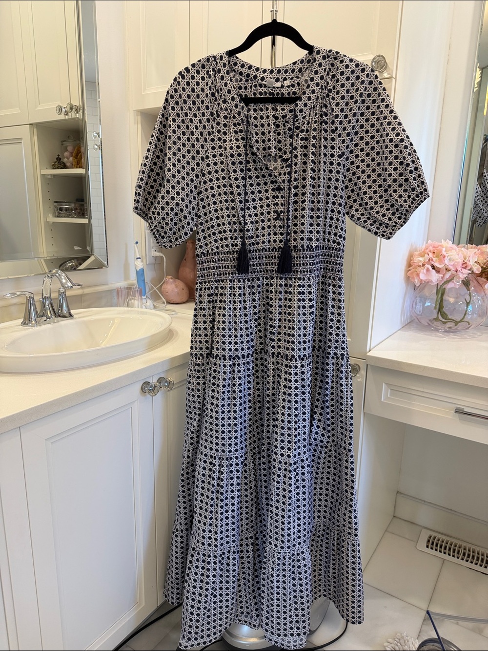 Chico's Blue and White Geometric Tassel-Tie Maxi Dress